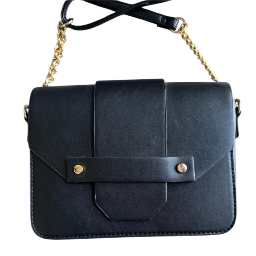 NEW Black Vegan Leather Flap Purse from Paris w/ Gold Hardware, Zip Compartments